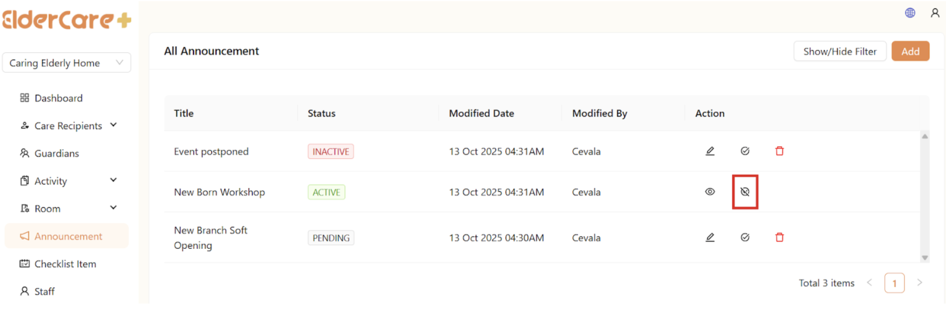 Unpublish Announcement