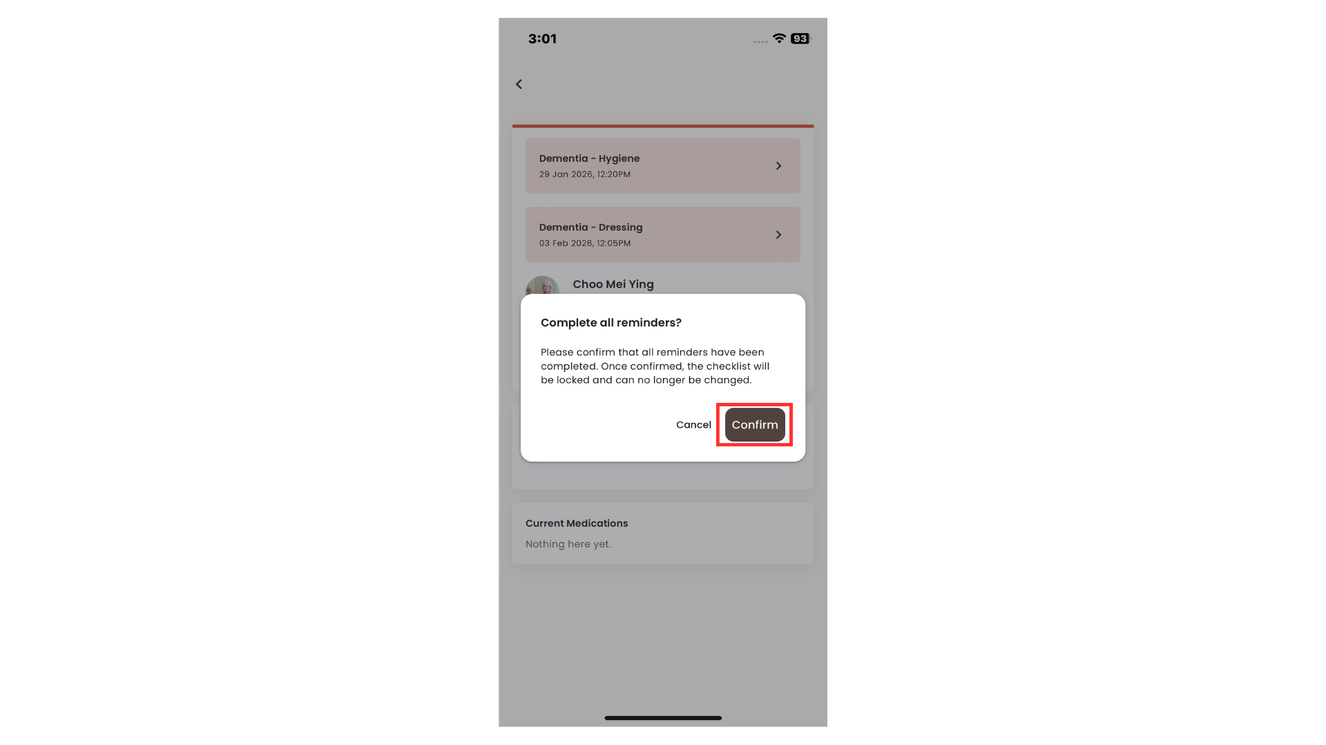Reminder in the Reminders section