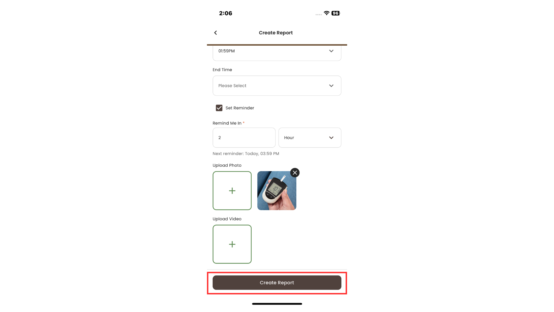 Create Report button in Create Report Page