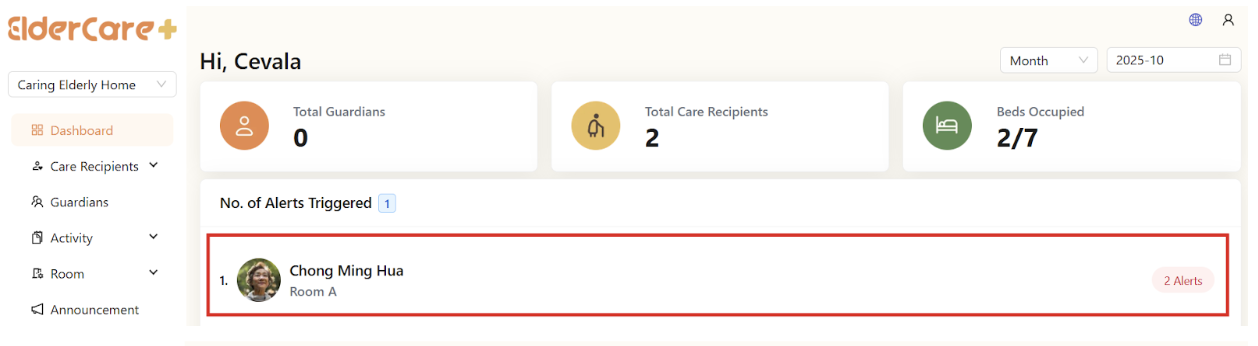 Alert Care Recipient in Dashboard