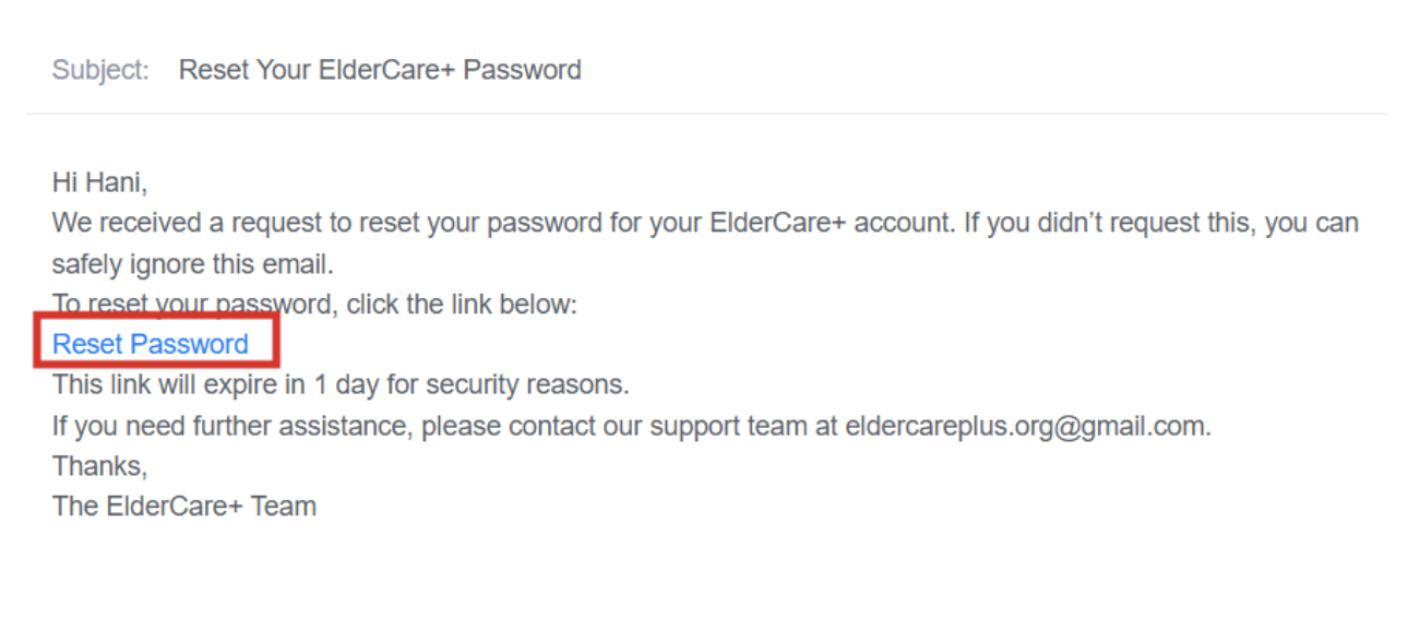 Forgot Password Link in Email Screenshot