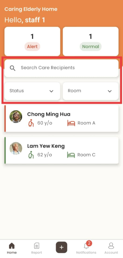 Search / Filter Care Recipient in Staff App