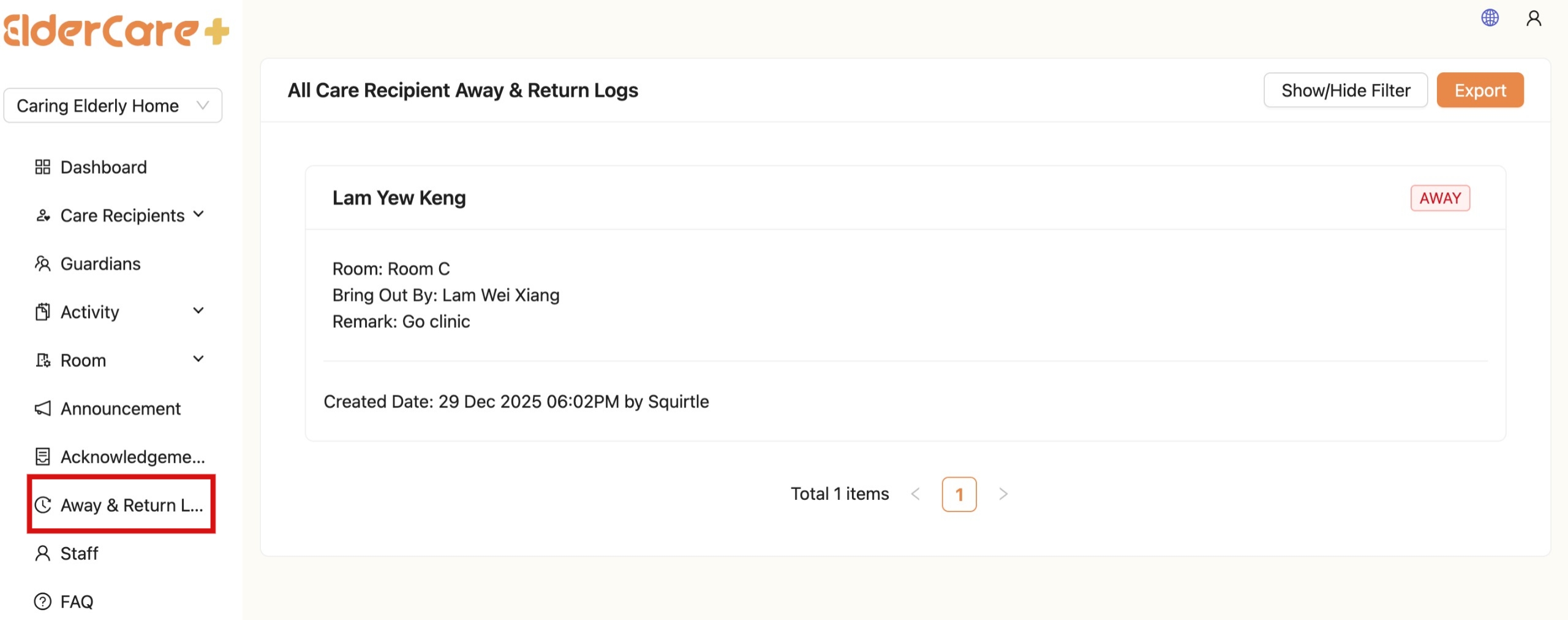 Away & Return Log in Admin Portal
