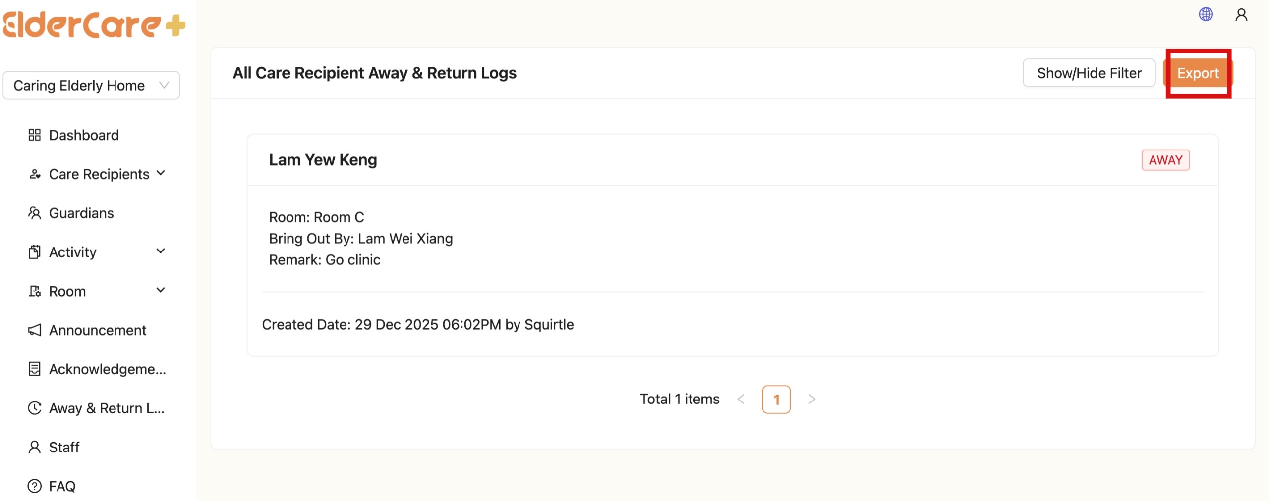 Export Away & Return Log in Admin Portal