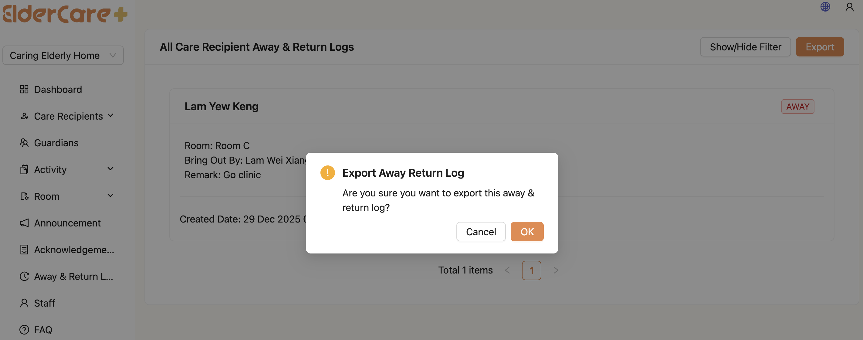 Confirm Export Away & Return Log in Admin Portal