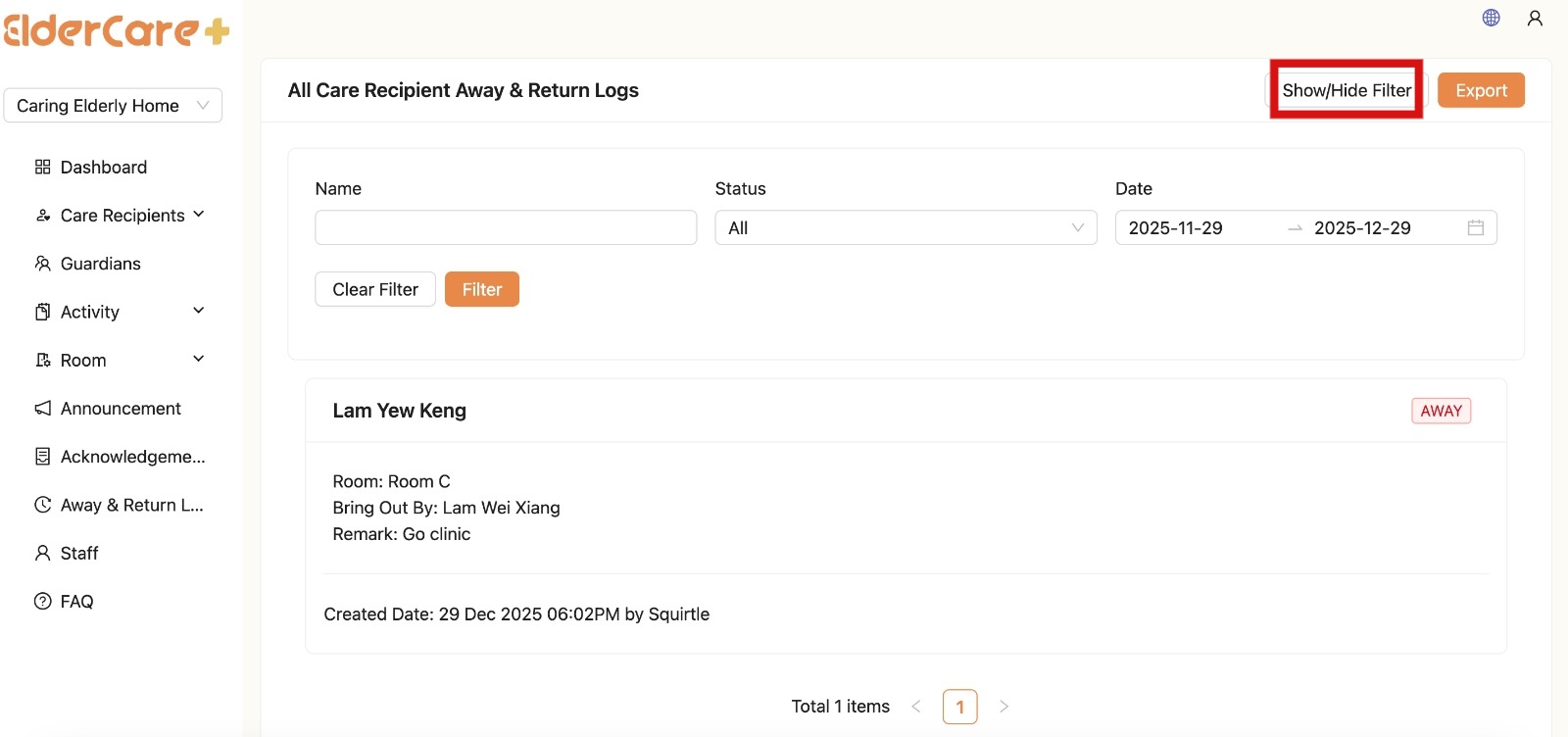 Filter Away & Return Log in Admin Portal