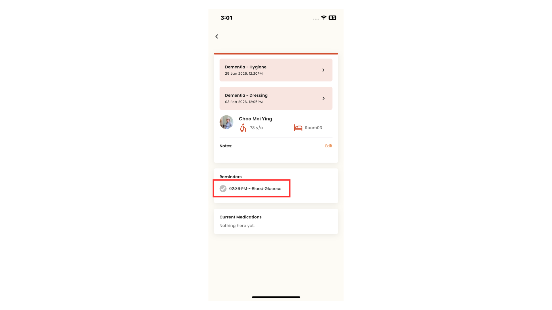 Reminder in the Reminders section