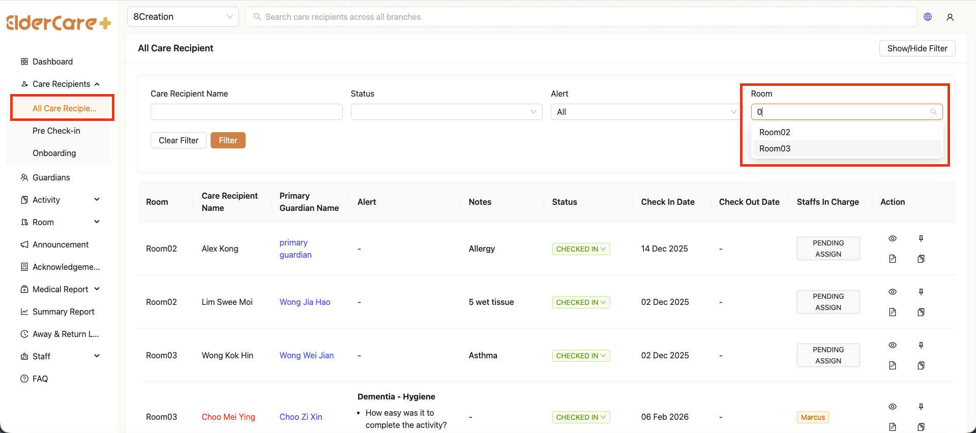 Room Filter in All Care Recipient