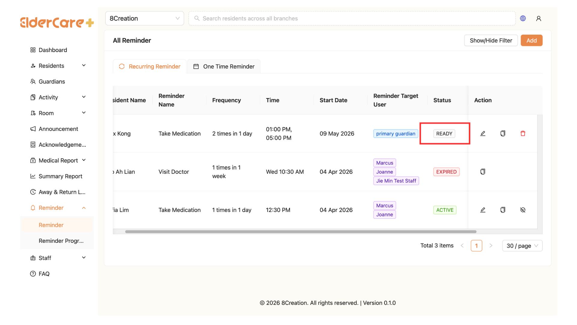 View Status Change in Reminder Tab