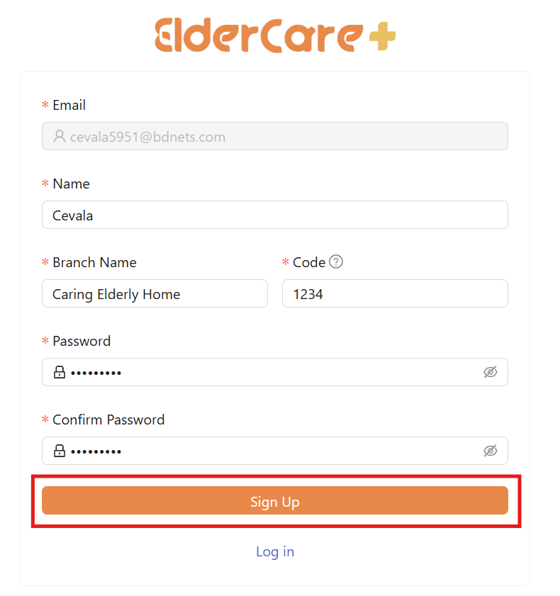 Sign Up Form Screenshot