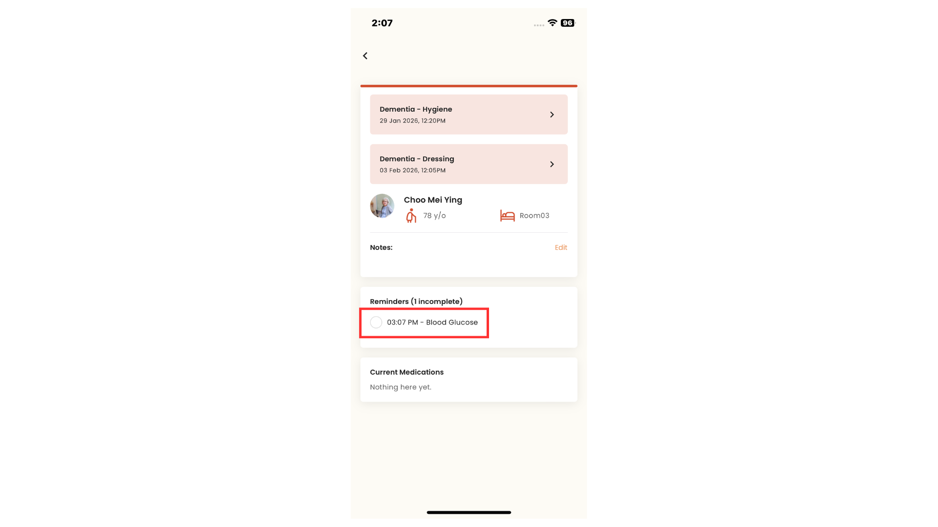 Reminders section in Home Page