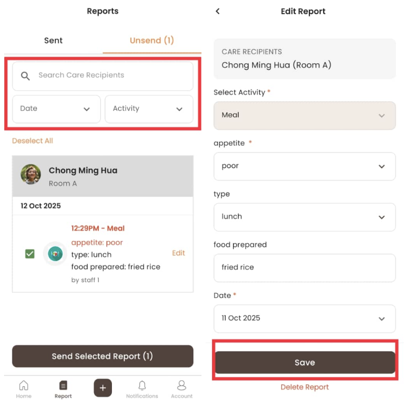 Search Report in Staff App