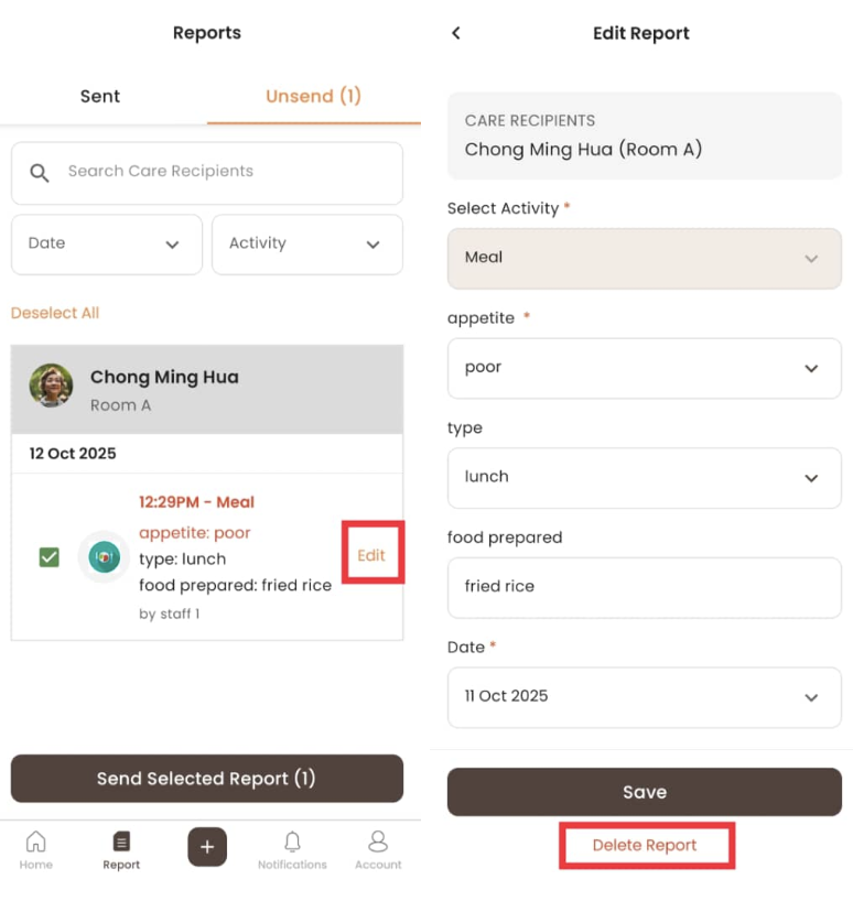 Delete Report in Staff App