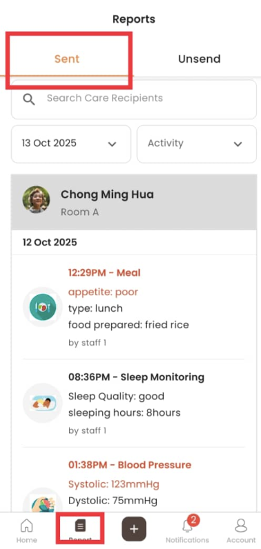 View Sent Report in Staff App