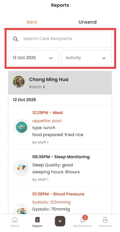 Search / Filter Sent Report in Staff App